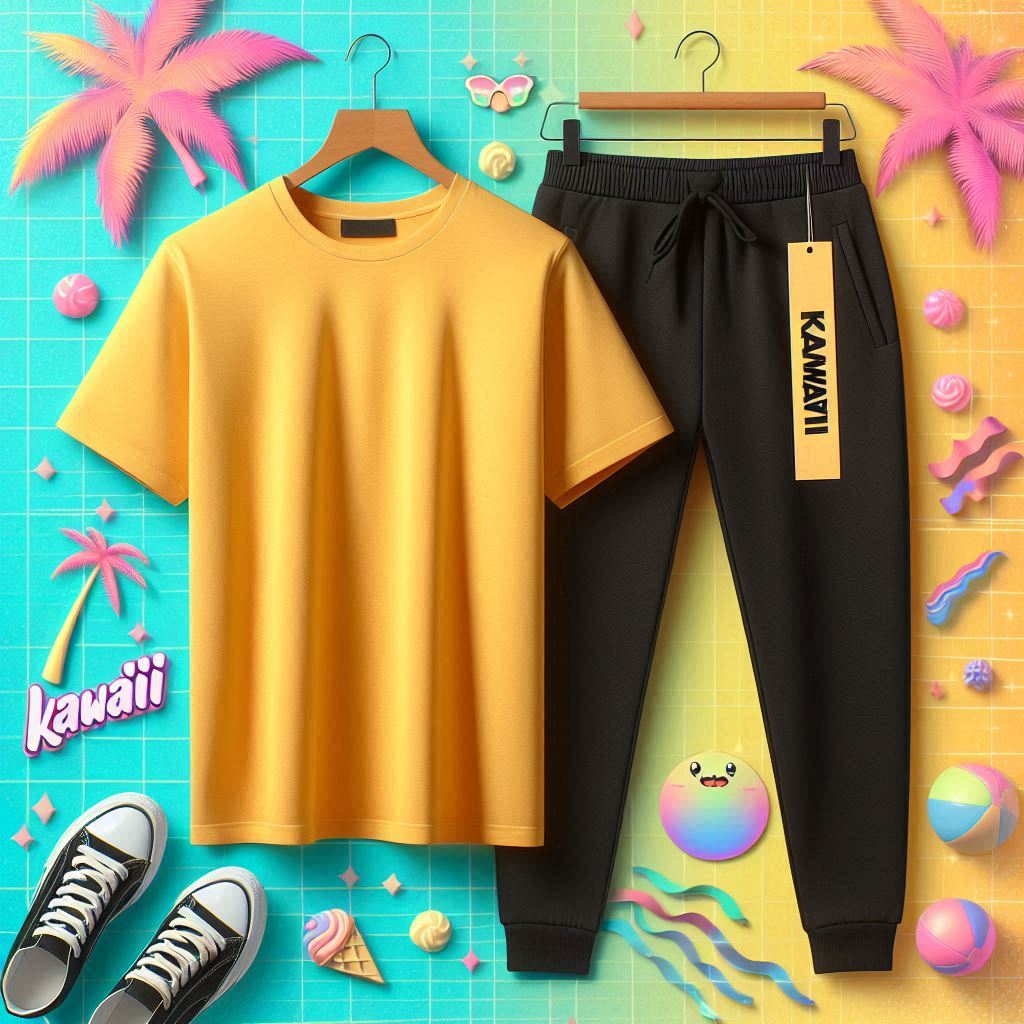 Mens Plain T-Shirt and Jogger Pants Set by Kawaii - KMTSJPSE1 - Yellow